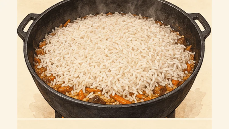 Uzbek Plov (Palov), step 5: Layer the rice.