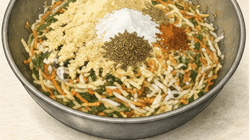 Mixed Vegetable Pakora, step 3: Bind with besan and spices.