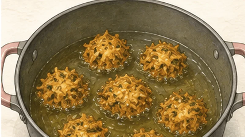 Mixed Vegetable Pakora, step 4: Fry craggy portions.
