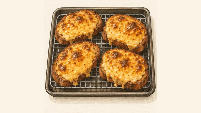 Welsh Rarebit, step 5: Spread and grill until blistered.