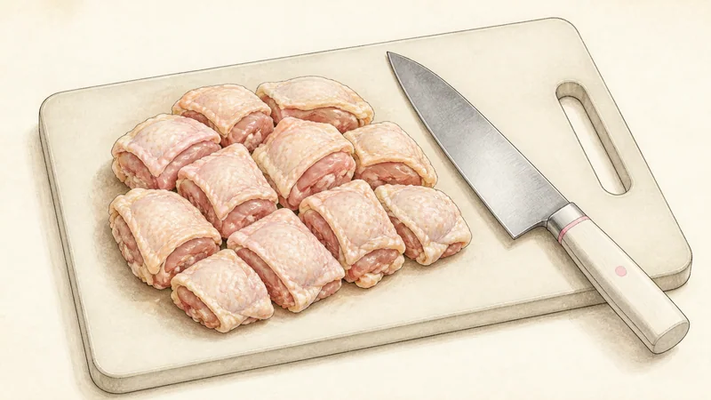 Shio chicken yakitori, step 2: Trim and cut chicken thigh.