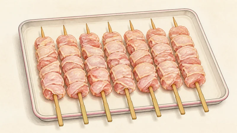 Shio chicken yakitori, step 4: Thread eight skewers.