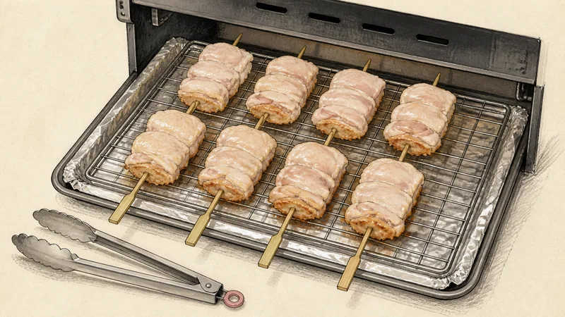 Shio chicken yakitori, step 6: Grill the first side.