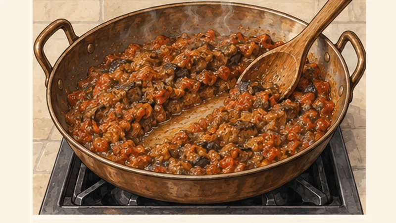 Moroccan Zaalouk Eggplant and Tomato Salad, step 4: Cook off excess moisture.