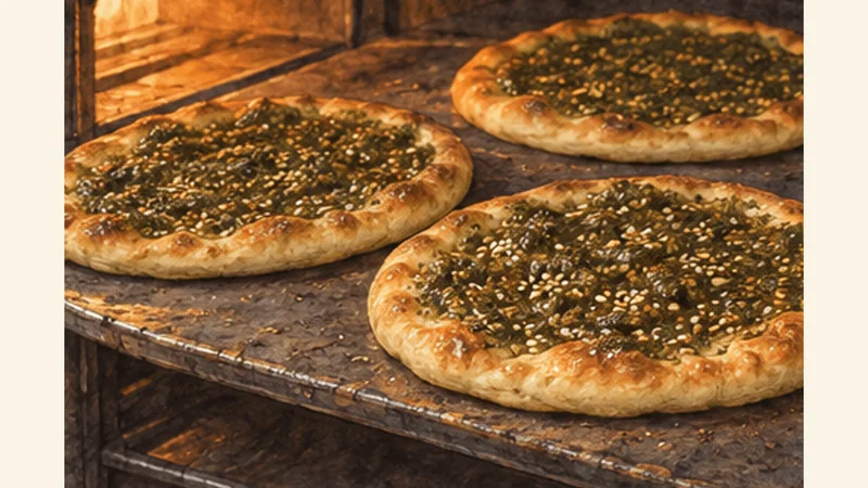 Lebanese Za’atar Manakish, step 7: Spread the za’atar and bake.