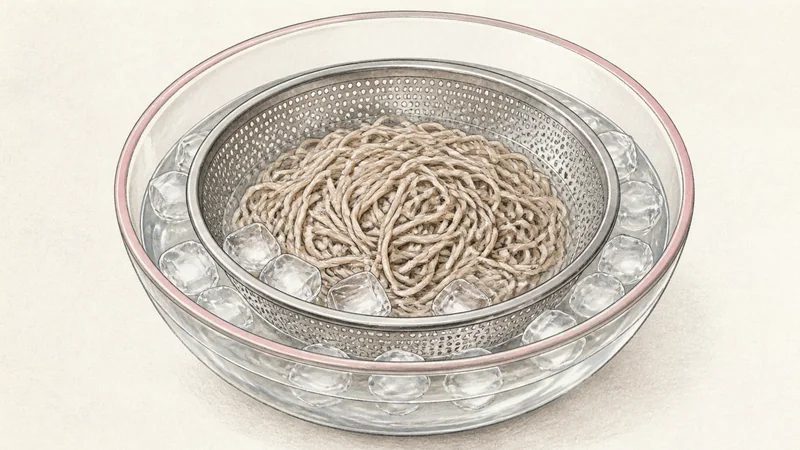 Cold zaru soba with mentsuyu, step 4: Rinse, chill, and drain.