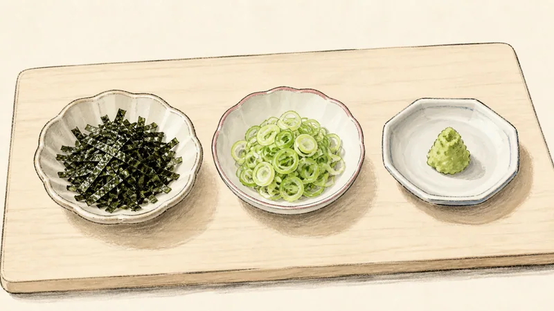 Cold zaru soba with mentsuyu, step 5: Prepare the visible condiments.