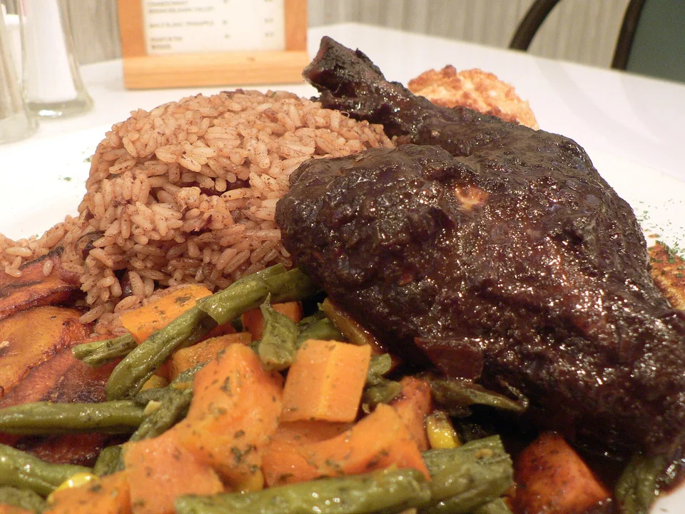 Jamaican jerk chicken grilled with allspice, thyme and Scotch bonnet