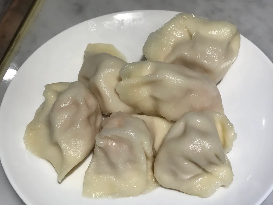 Plump boiled jiaozi with smooth, lightly translucent wrappers on a white plate