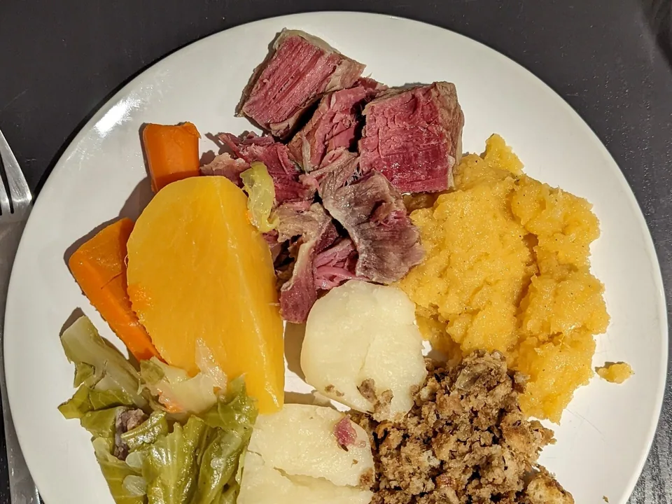 Newfoundland Jiggs dinner with salt beef, root vegetables, cabbage and pease pudding