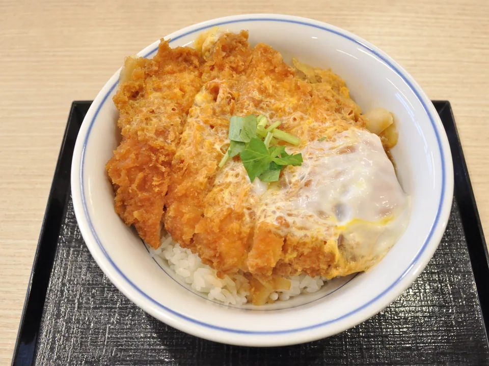 Katsudon with sliced golden pork cutlet, softly set egg, onion, rice, and mitsuba