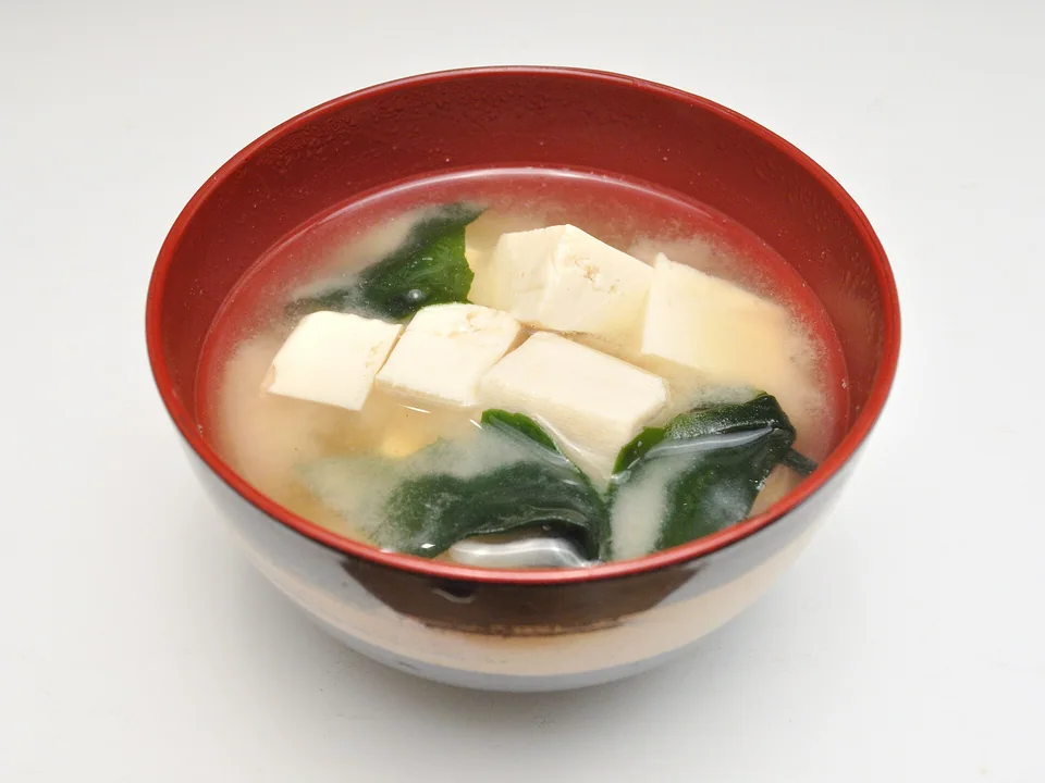 Real photograph of a red bowl of pale miso broth with several large tofu cubes and dark wakame pieces; no scallion garnish.