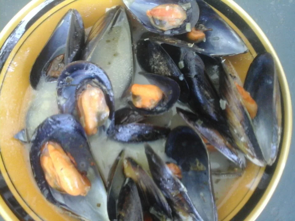 Open mussels with orange flesh and parsley on a white dish