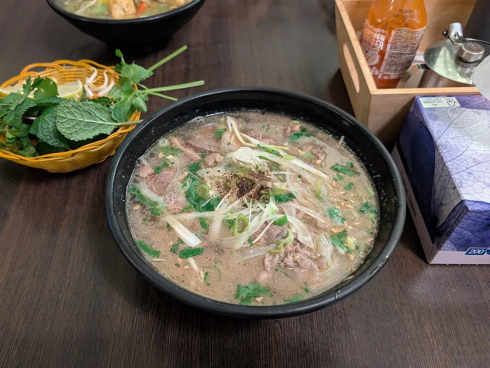 Beef pho with flat rice noodles, brisket, thin beef, scallions, onion and herbs in clear broth