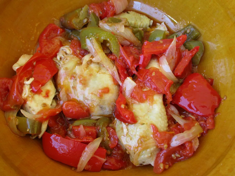 Pale chicken portions in red tomato sauce with red-green peppers and onion