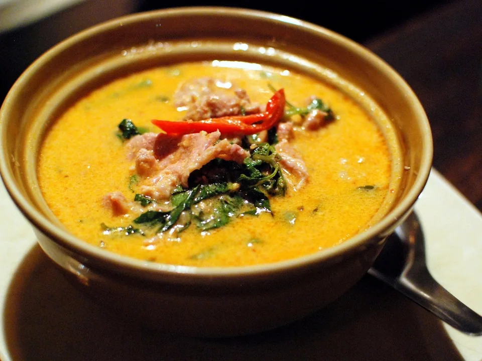Thai red curry with pork, bamboo shoots, Thai eggplant, basil, lime leaf, and red chile