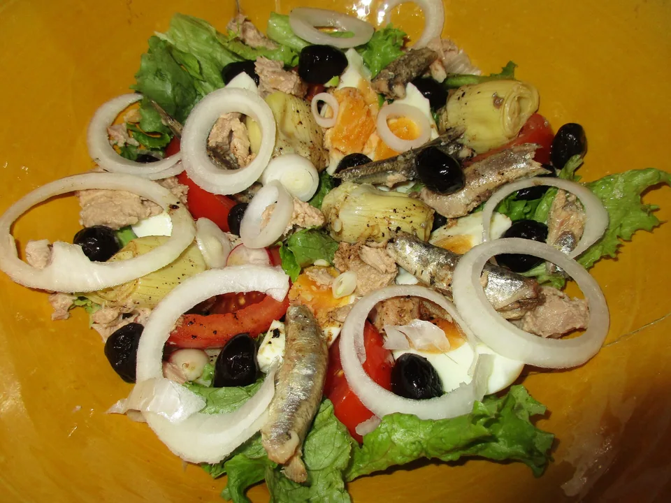 Tuna and anchovy salad with egg, artichokes, olives, onion rings and lettuce