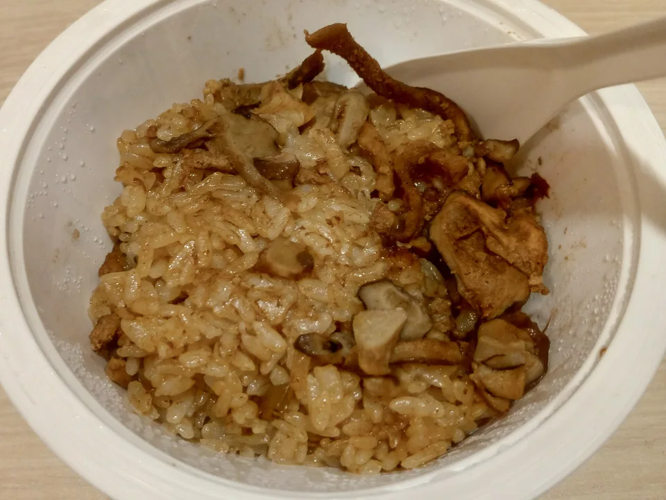 Glossy Taiwanese oil rice with pork belly, shiitake, dried shrimp, ginger, and fried shallots