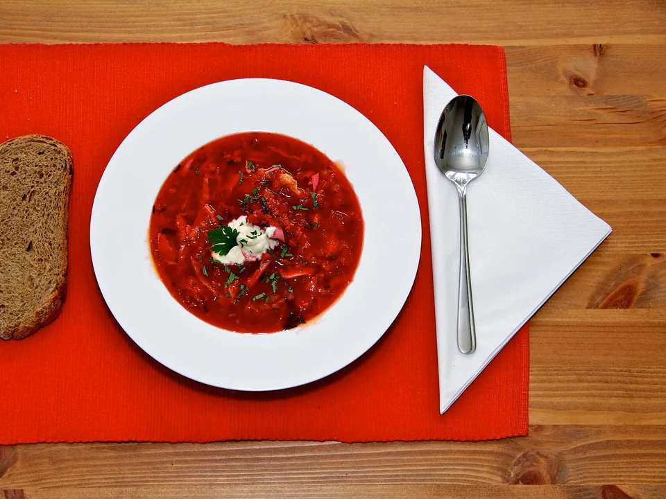 Ukrainian ruby-red borshch with pork, beetroot, cabbage, dill and sour cream
