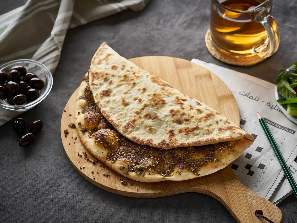 Lebanese za’atar manakish flatbread with olive-oil herb topping
