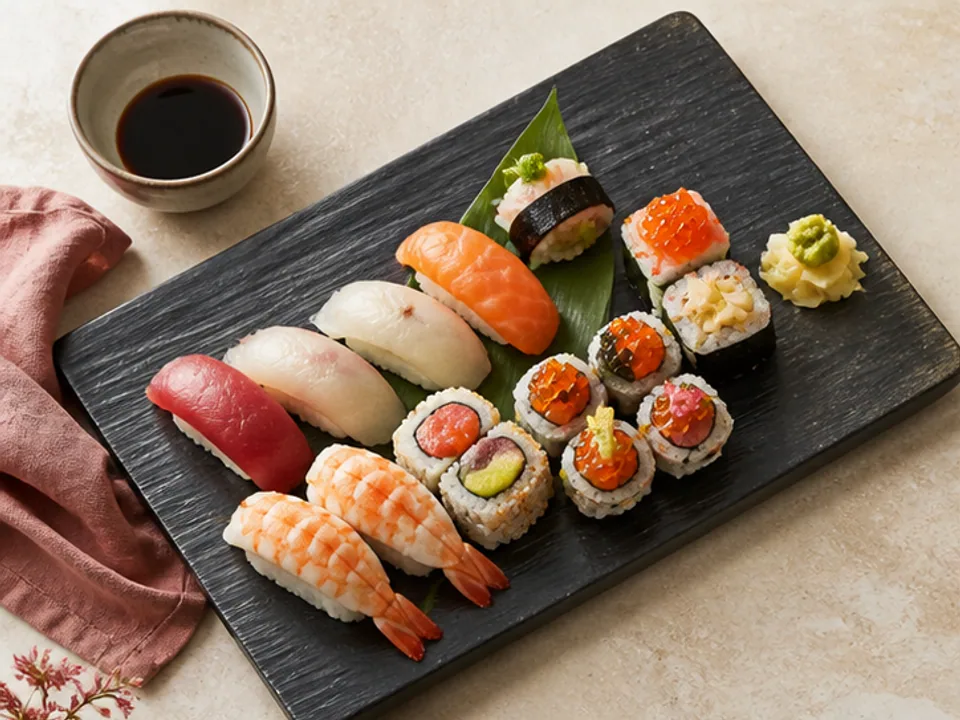 Assorted sushi arranged on a plate